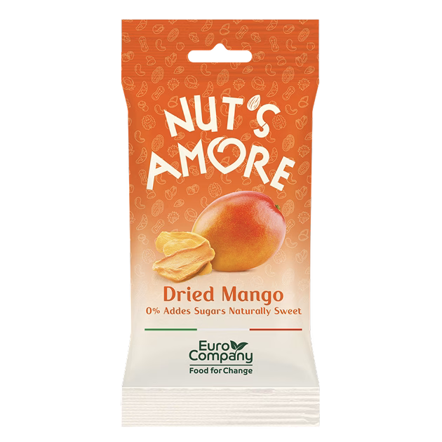 Single-serve packet of Nut'samore Dried Mango with 0% added sugar.