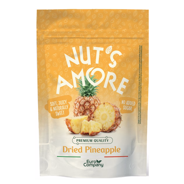 Doypack of Nut's amore Dried Pineapple: Soft, Juicy & Sweet with No Added Sugar.