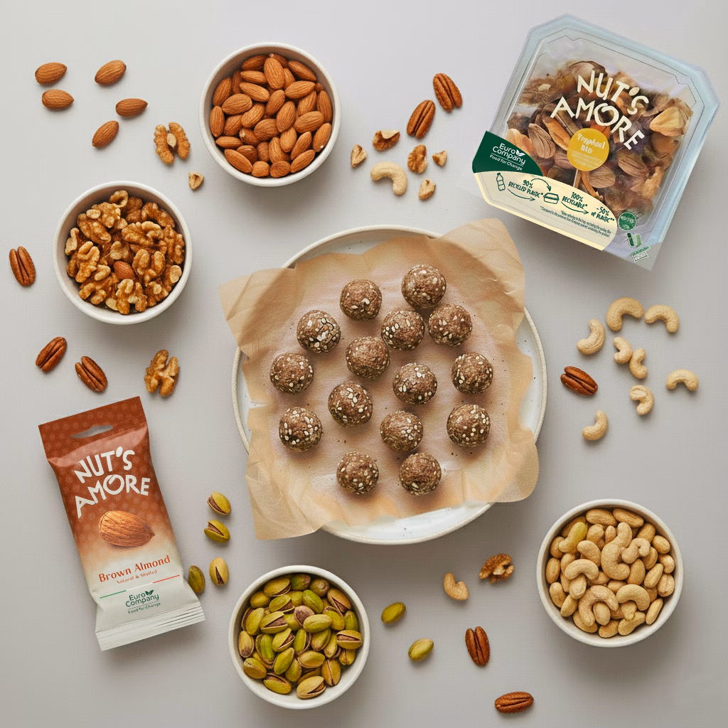 Energy balls on a plate surrounded by bowls of almonds, walnuts, pecans, pistachios, and cashews.