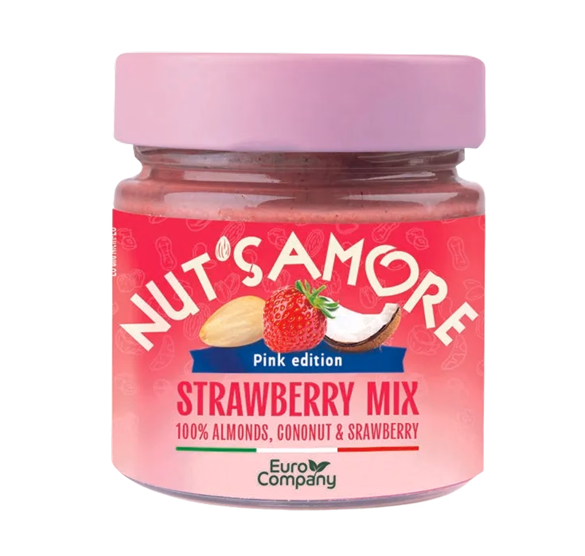 Nut's Amore Strawberry Mix Pink Edition jar: 100% Almonds, Coconut & Strawberry spread